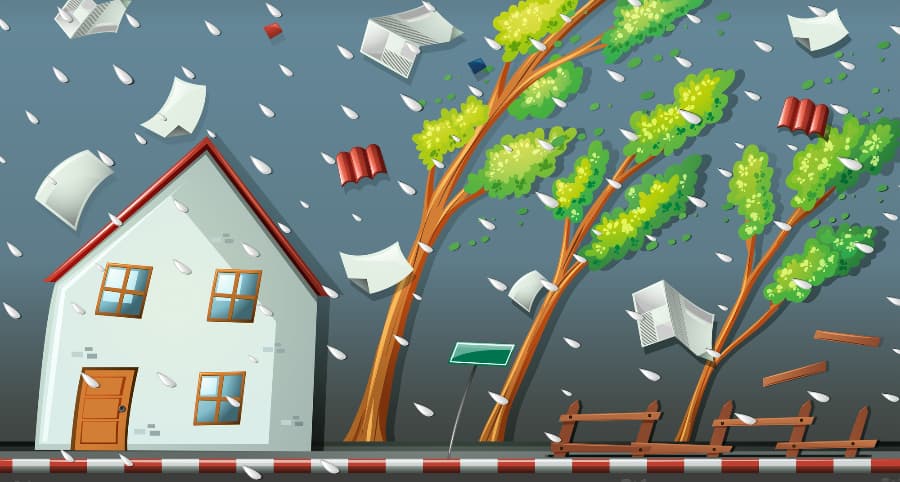 Illustration of a storm impacting a house and surrounding environment