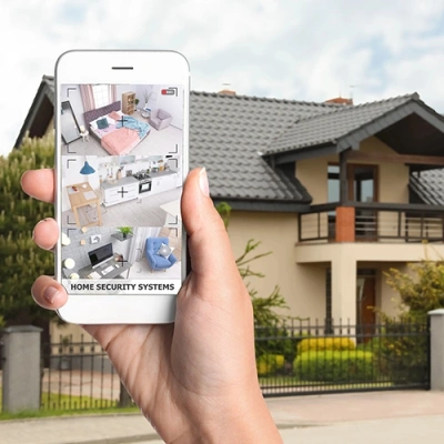 Pittsburgh vivint phone display of cctv live feed in front of a house